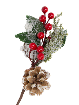 Украшение интерьерное Ветка хвойная с декором 24см, красная