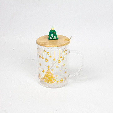 Кружка Новый Год с трубочкой и крышкой 410мл стекло DOH1129