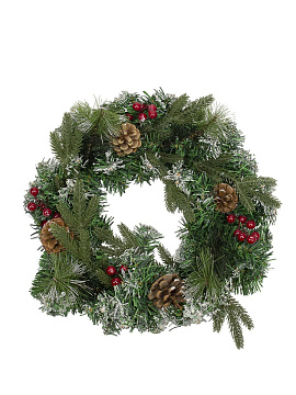 Венок хвойный заснеженные кончики с шишками, ягодами 50см 1001365 комбинированный